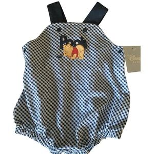 NWT Disney Baby Winnie The Pooh Retro Blue White Gingham Romper Overalls 6-9mo